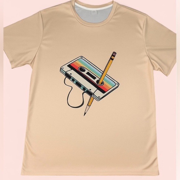 None Other - Men’s Apricot Retro Graphic T-Shirt with Cassette Design - Size XL